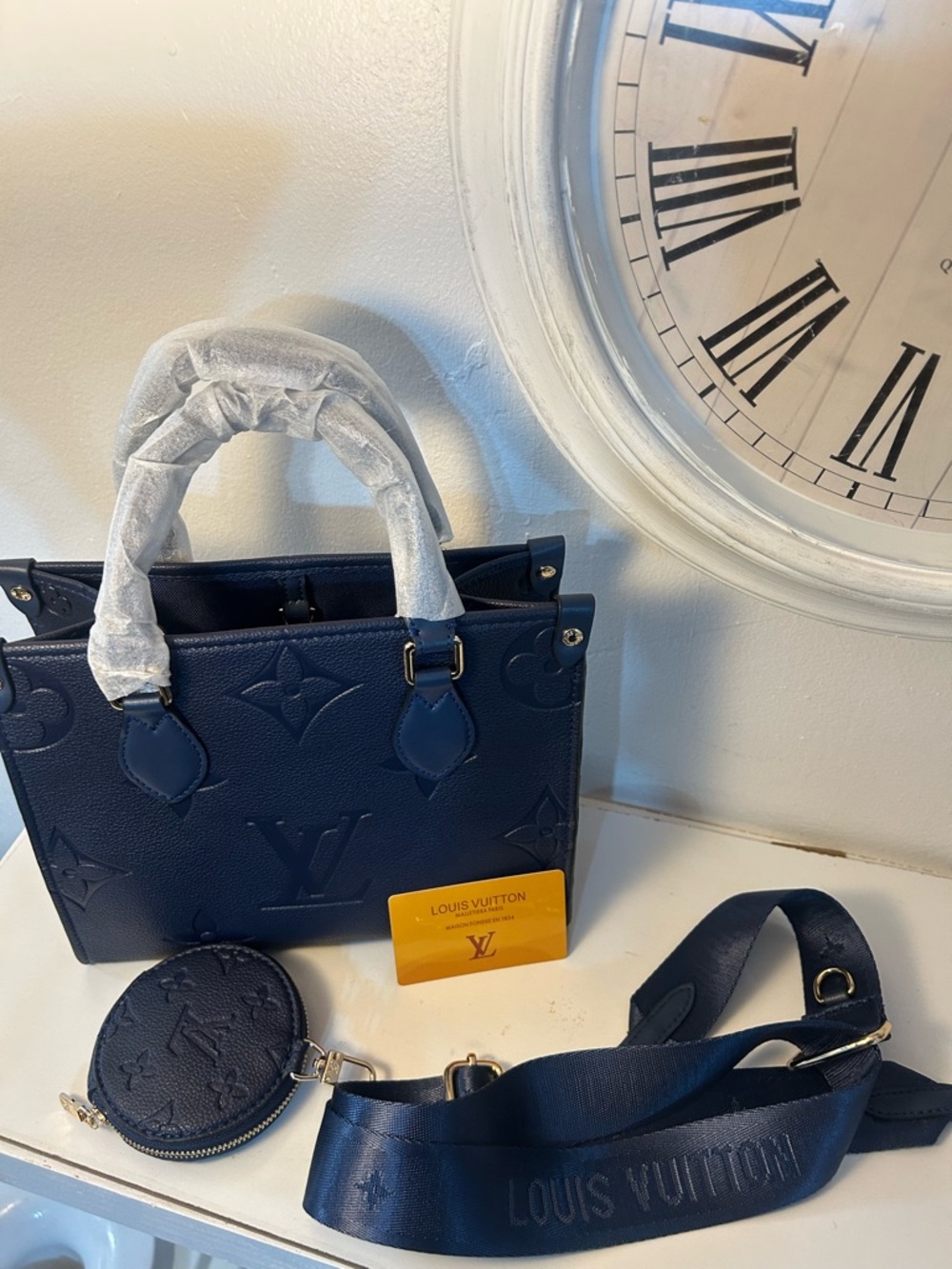 Louis Vuitton Navy Embossed Leather Satchel with Detachable Strap and Coin Pouch